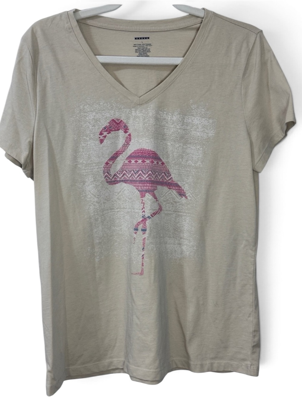 Women's Beige V-Neck Tee with Pink Flamingo Graphic - Size Large